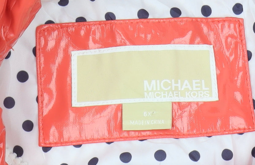 Michael Kors Girls Orange Hooded Rain Coat Size 6 Polka Dot Lining
