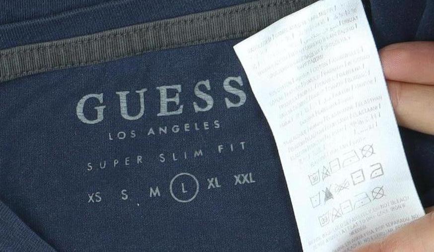 Guess Men's Blue Slim Fit Long Sleeve Logo T-Shirt L