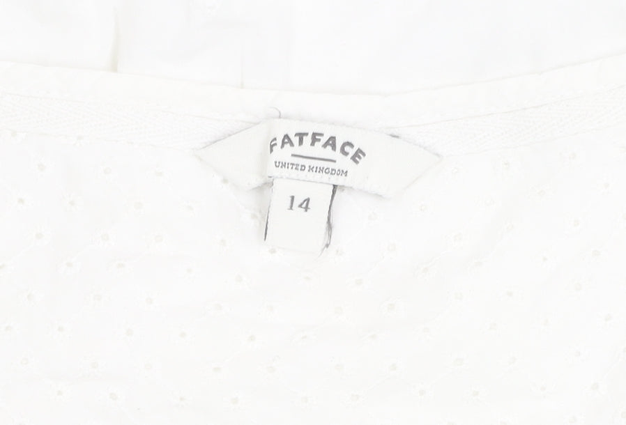 FatFace Women's White Cotton Blouse, Size 14, Casual V-Neck
