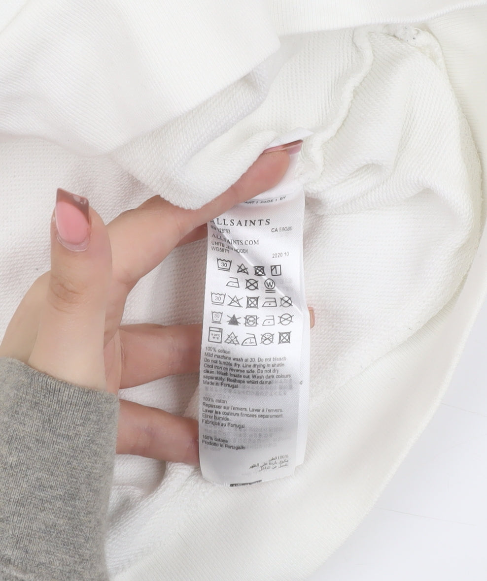 AllSaints Men’s White S Pullover Hoodie, Logo Accent