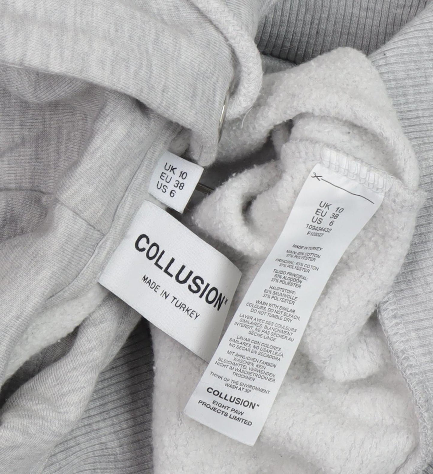 Collusion Women's Grey Full Zip Hoodie Size 10