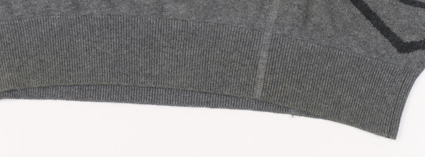 Jack & Jones Men's Grey Graphic V-Neck Pullover Jumper - L