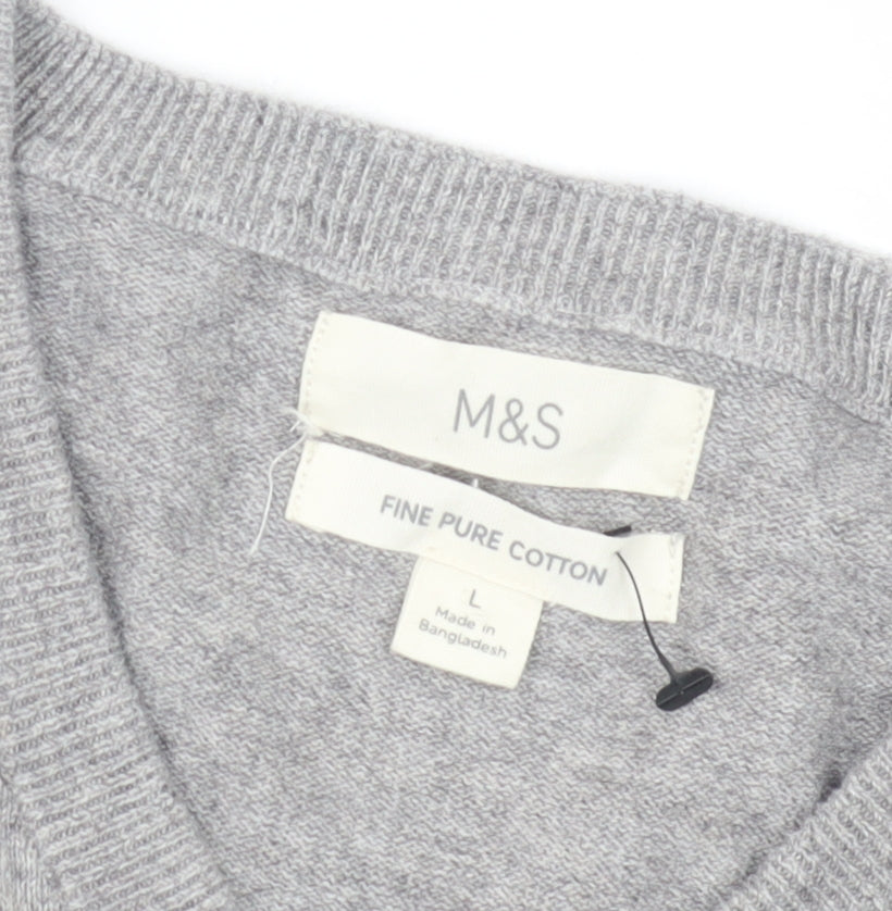 Marks and Spencer Men's Grey V-Neck Cotton Pullover L