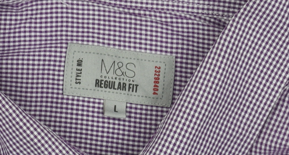 Marks and Spencer Men's Purple Check Short Sleeve Shirt L