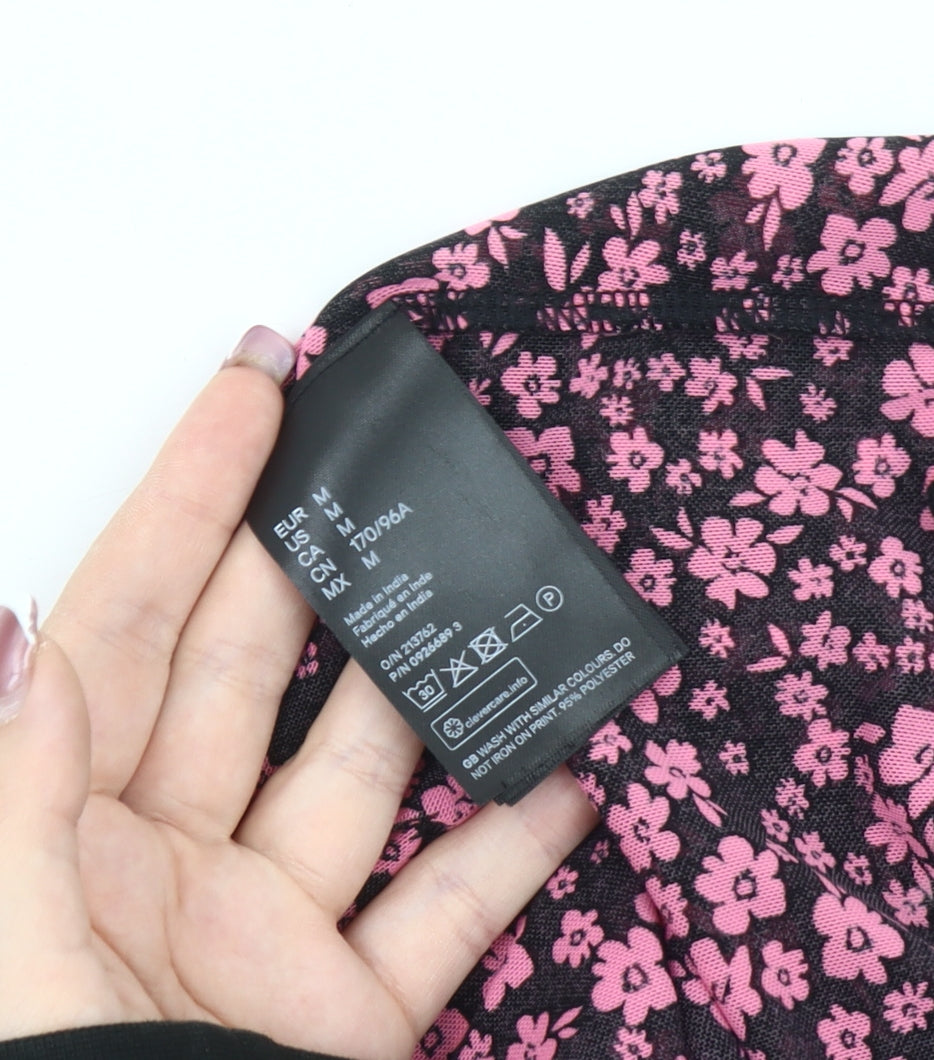 H&M Women's Black Floral Cropped Long Sleeve Blouse