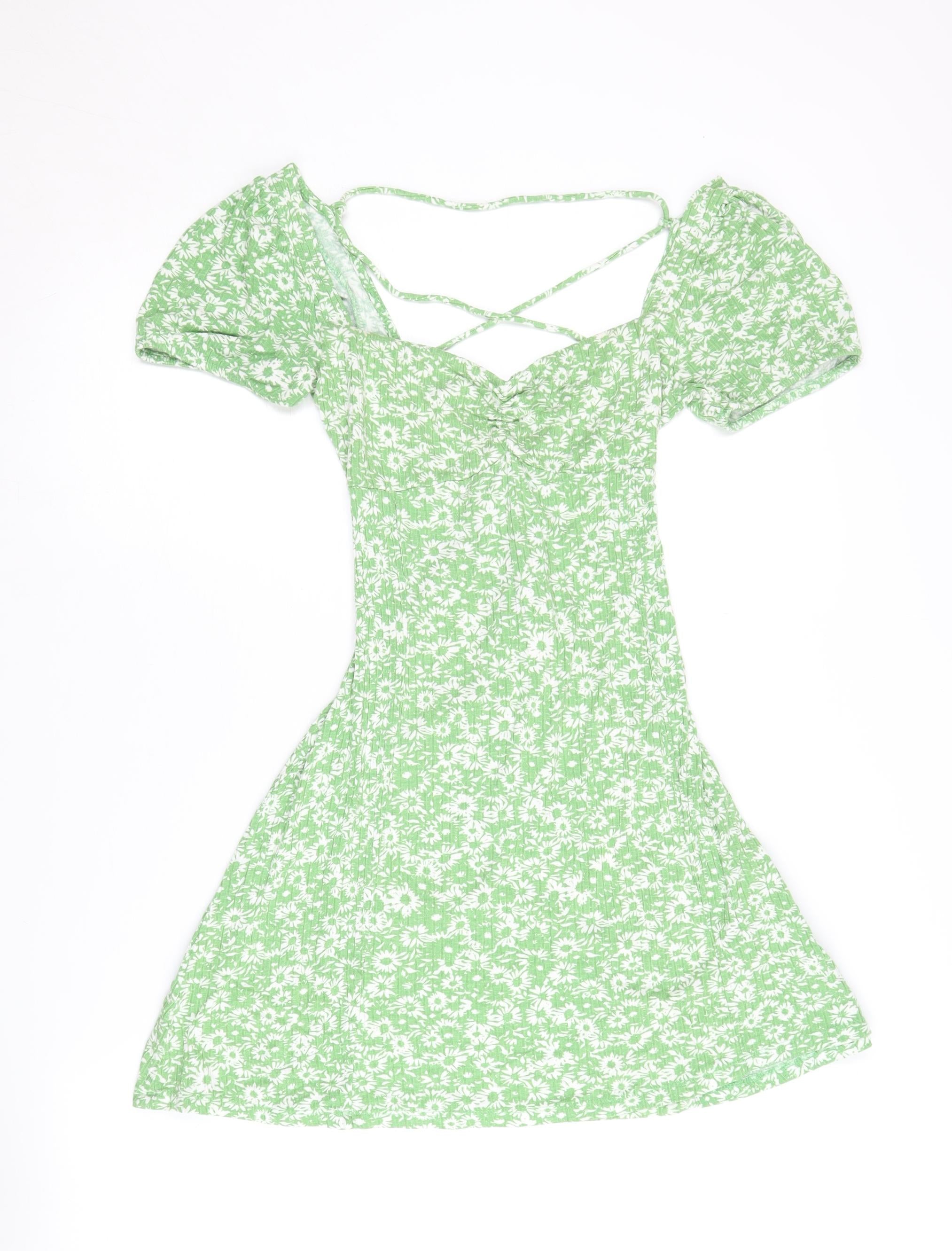 Bershka Women's Green Floral Dress, Size S, Sweetheart Neck – Preworn