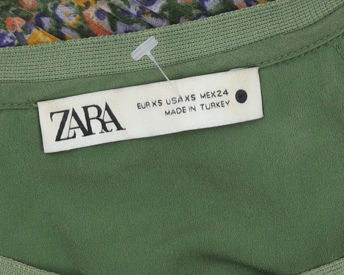 Zara Women's Green Floral Blouse Long Sleeve XS