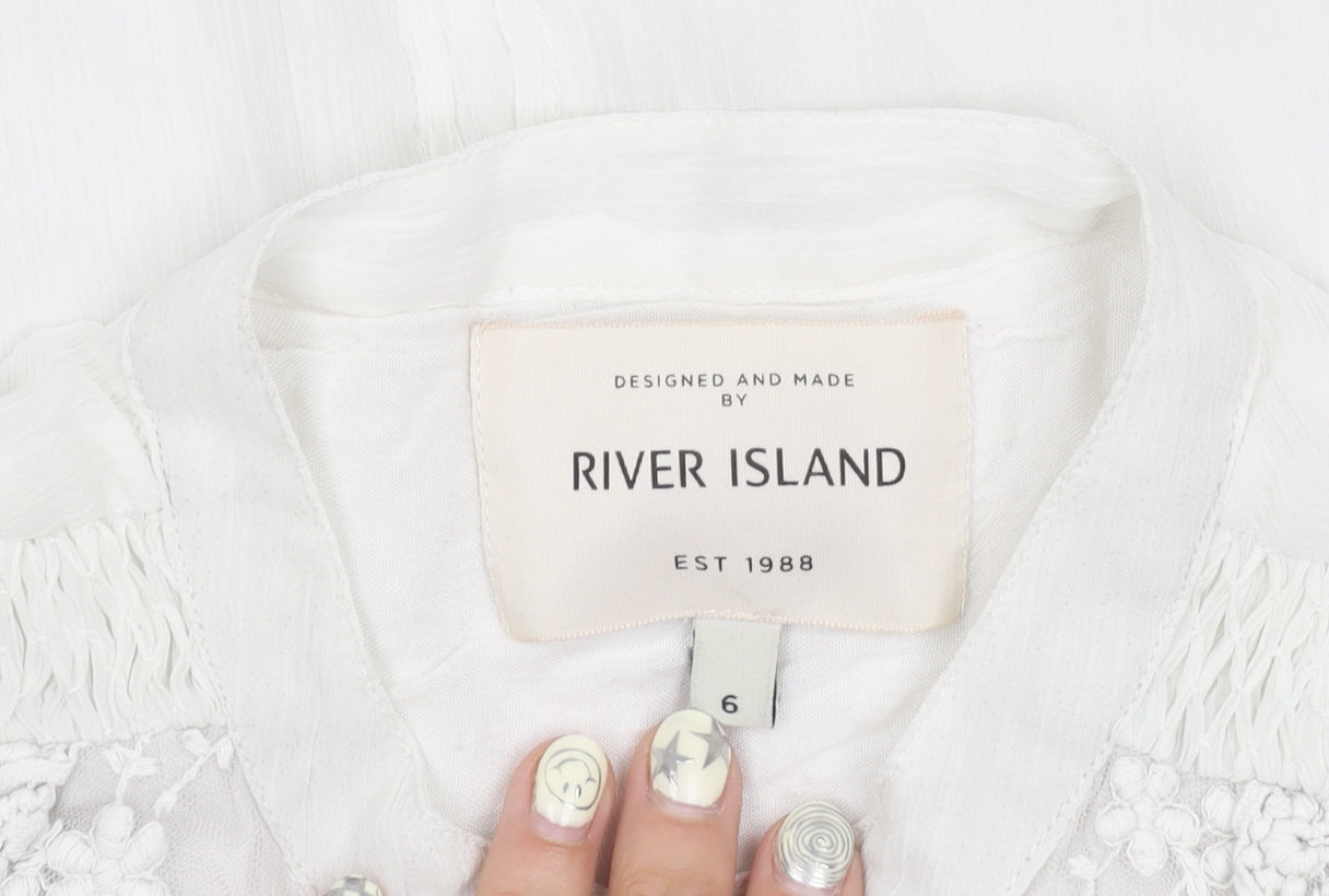 River Island Women's White Embroidered Blouse Size 6