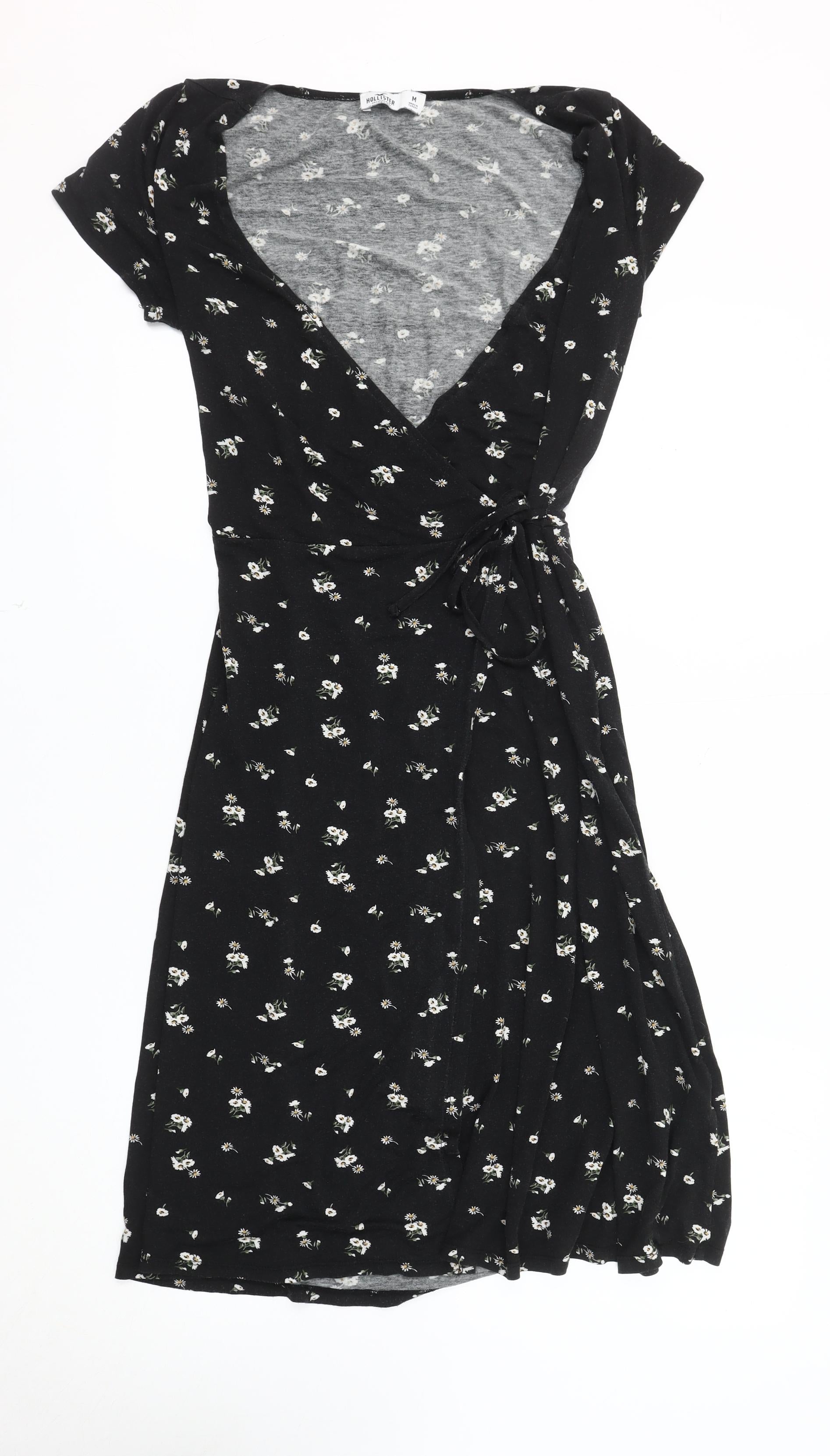 chinese dress ladies Hollister Women's Black Floral Wrap Dress M – Preworn