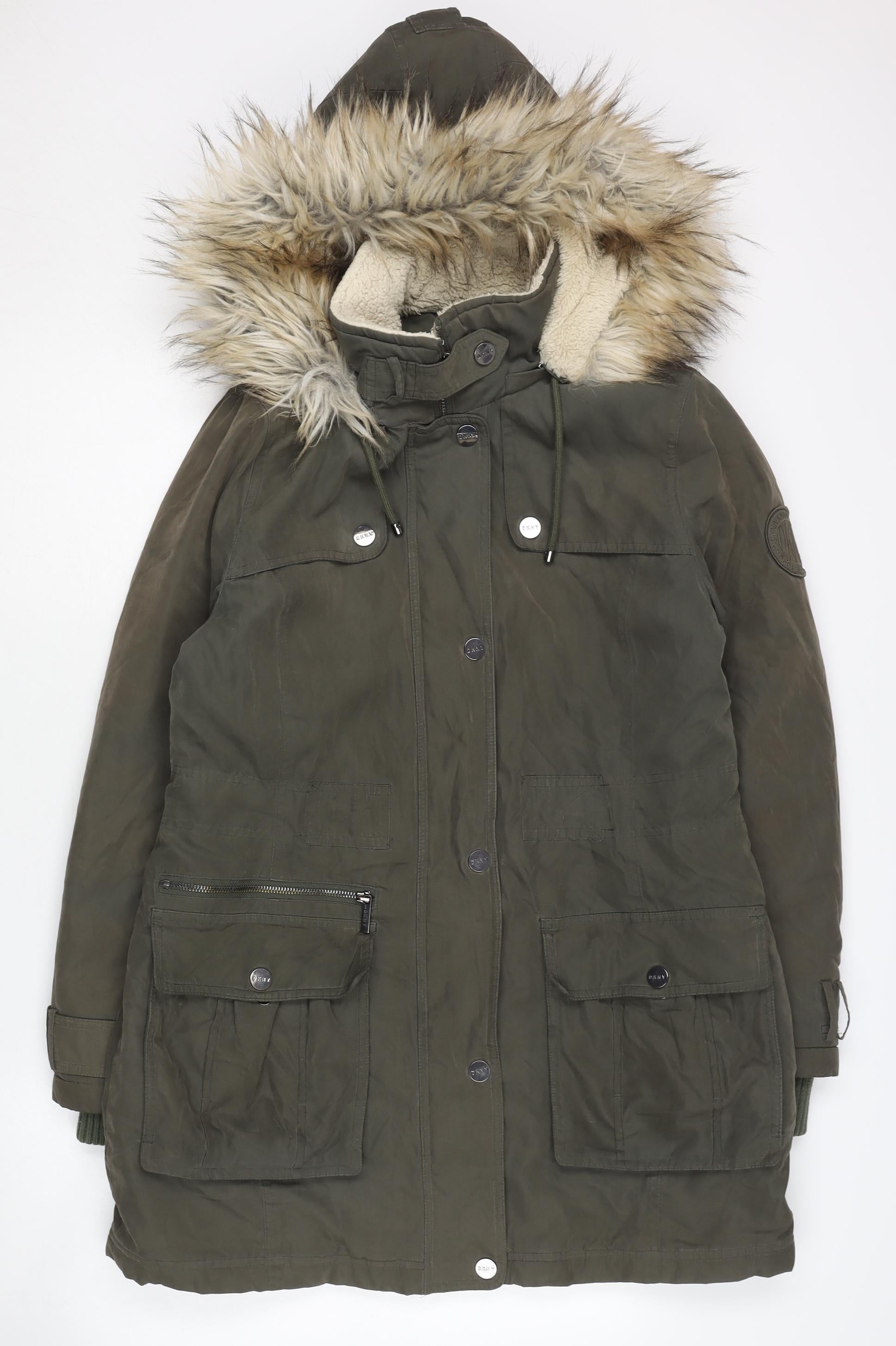 DKNY Women's Green Parka with Faux Fur, Size M – Preworn