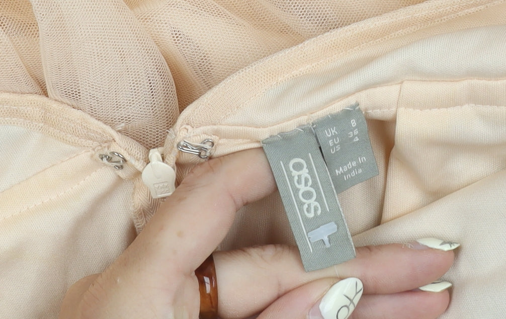 ASOS Women's Beige A-Line Midi Dress, Size 8, Embroidered