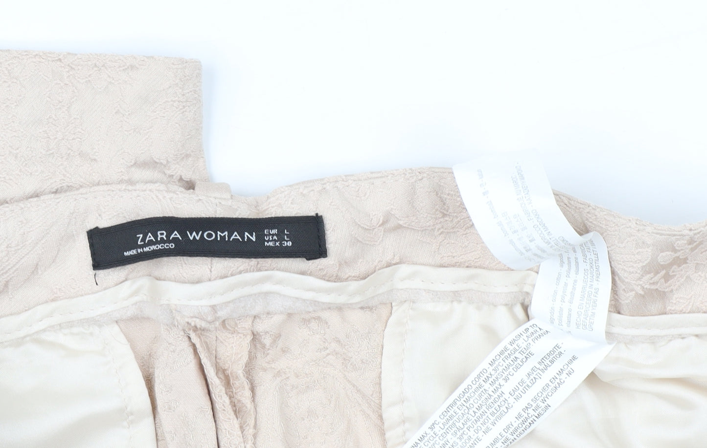 Zara Woman Beige Jacquard Straight Leg Trousers Women L Regular Fit