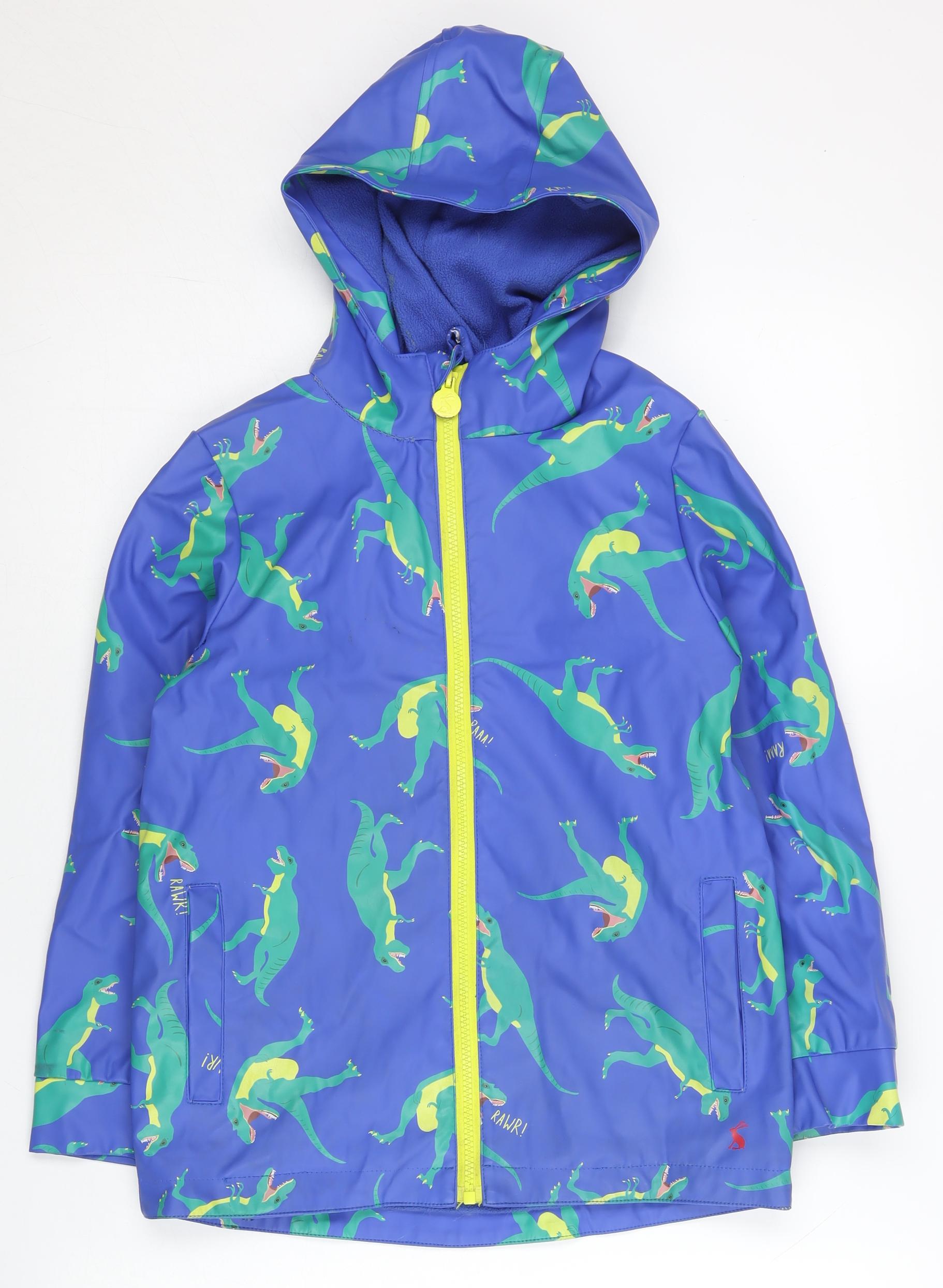 Joules Boys Blue Dinosaur Rain Coat Hooded Waterproof Jacket