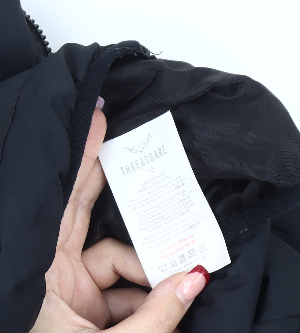 Threadbare Womens Black Puffer Jacket UK 10 Hooded Zip Casual Winter Coat