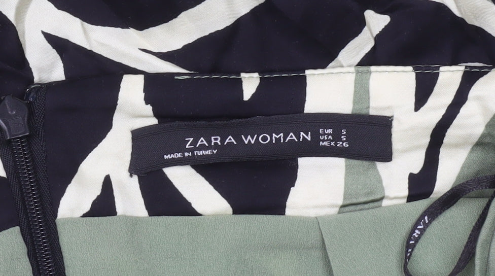 Zara Woman Midi Skirt Green Black Beige Leaf Print Size 8 Viscose