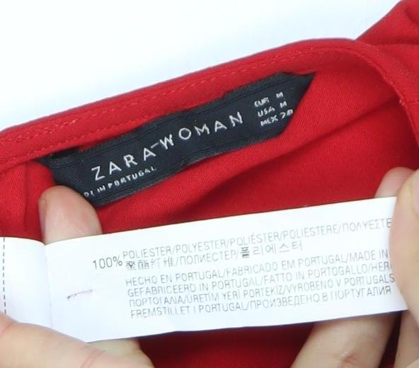 Zara Women Red Knee Length Shift Dress Size M Long Sleeve