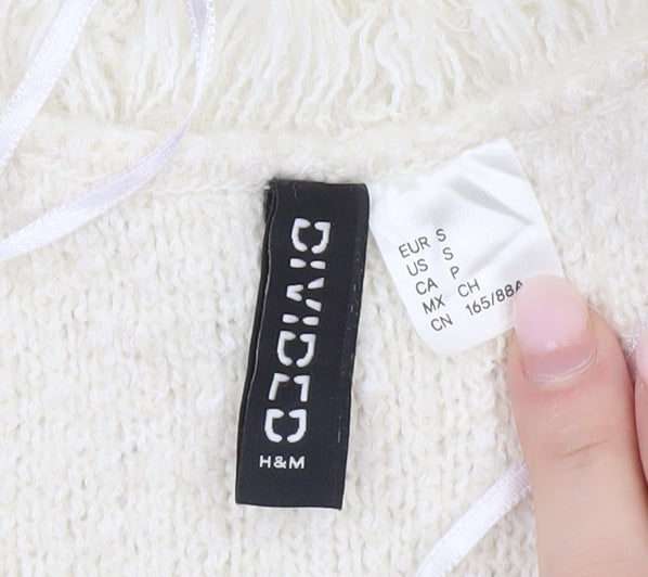 H&M Divided Women’s Ivory Cardigan Size 8 Open Knit Fringe Pockets