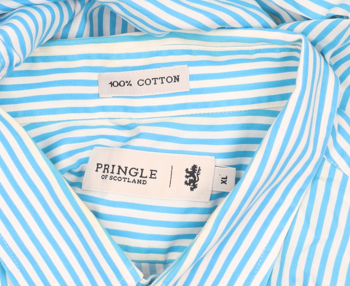 Pringle of Scotland Men's Blue Striped Cotton Short Sleeve Button-Up Shirt XL