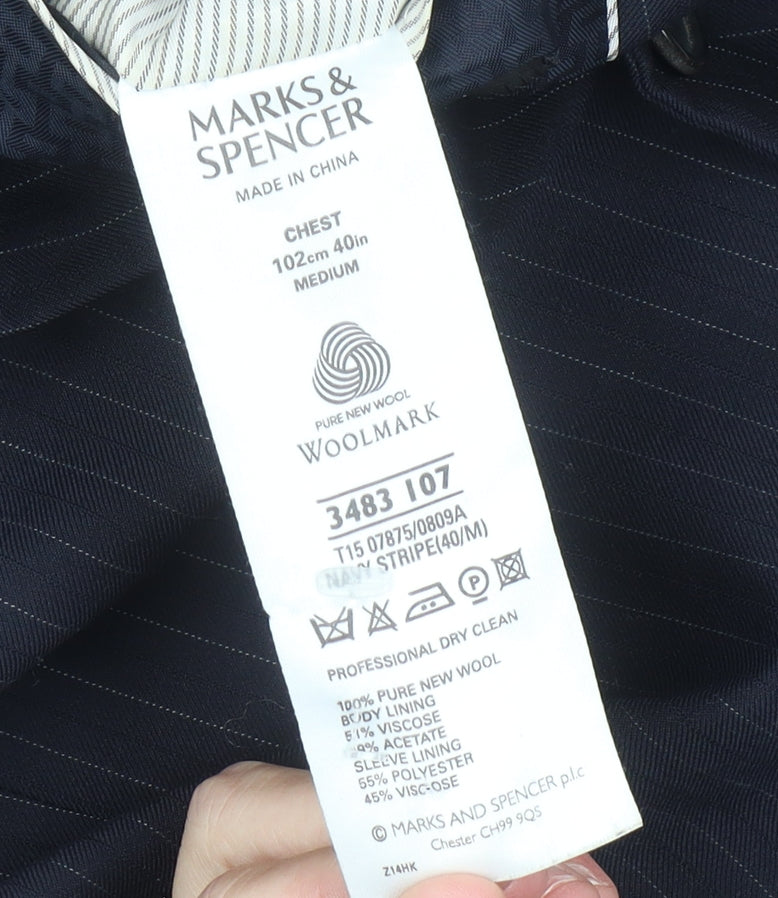 Marks and Spencer Men’s Navy Pinstripe Wool Blazer Jacket 40 M Regular Fit