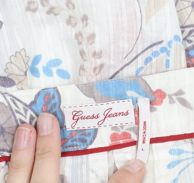 Guess Jeans Womens Multicoloured Floral Peasant Blouse Size L Short Sleeve