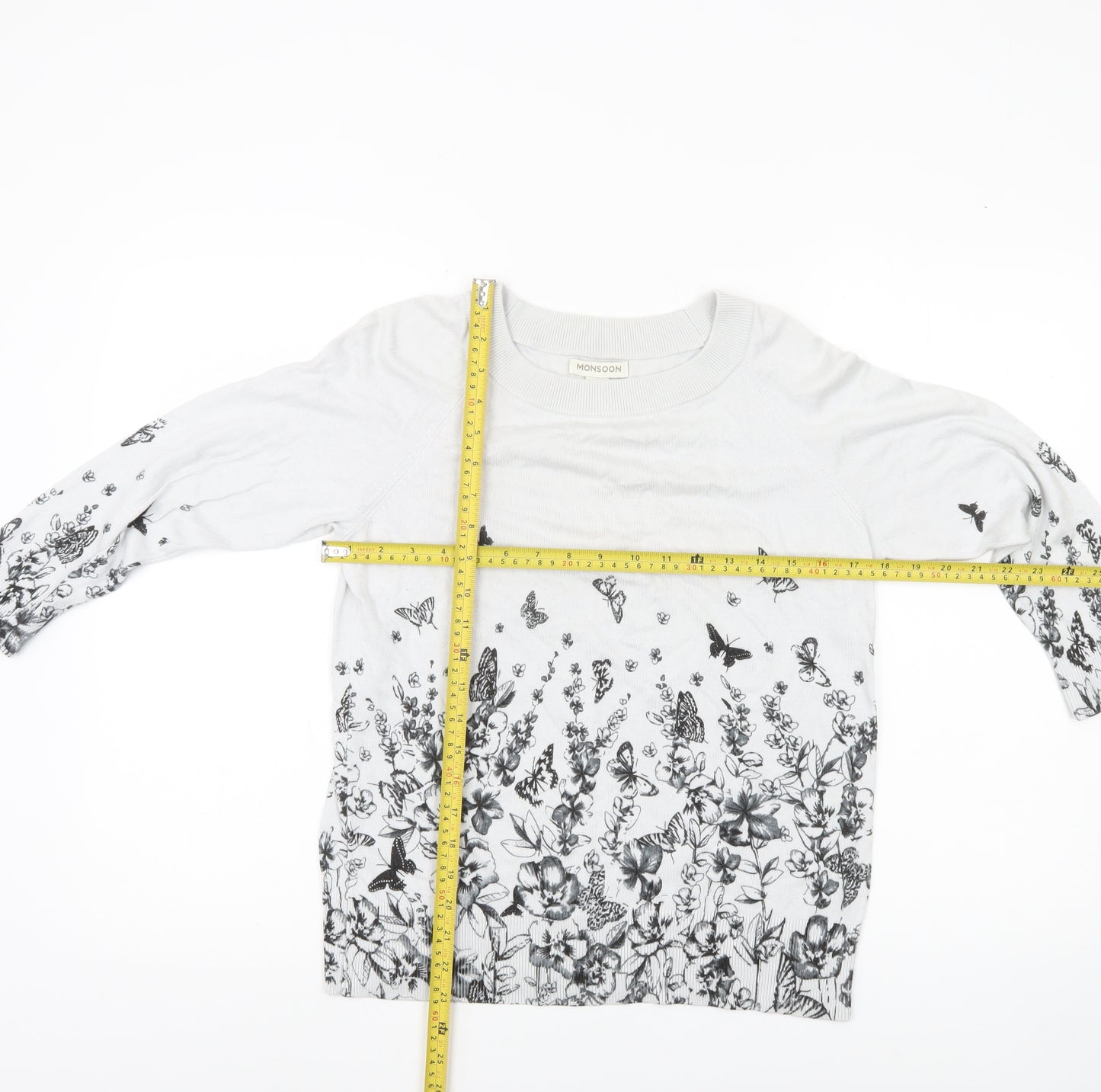 Monsoon Womens White Floral Butterfly Jumper Size 14 Crew Neck 3/4 Sleeve
