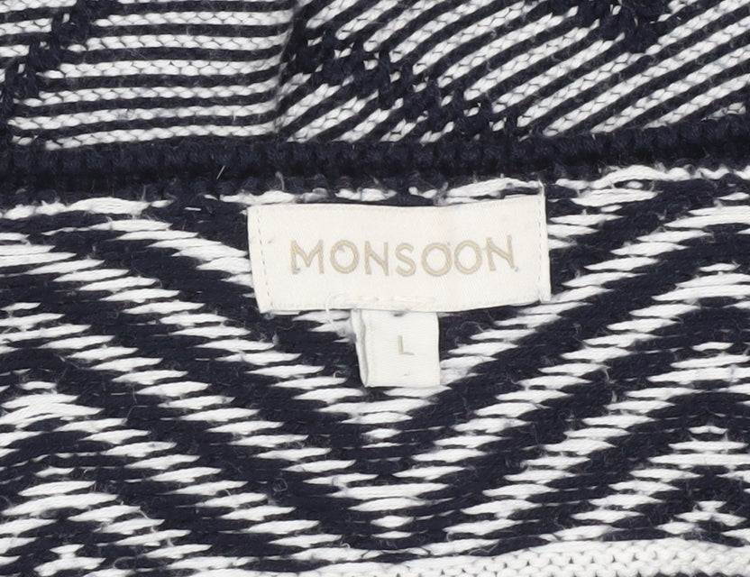 Monsoon Womens Black White L Cardigan Geometric Knit Open Front