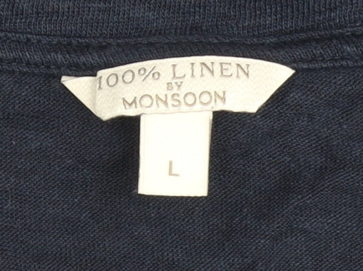 Monsoon Womens Blue Linen Embroidered V-Neck T-Shirt L