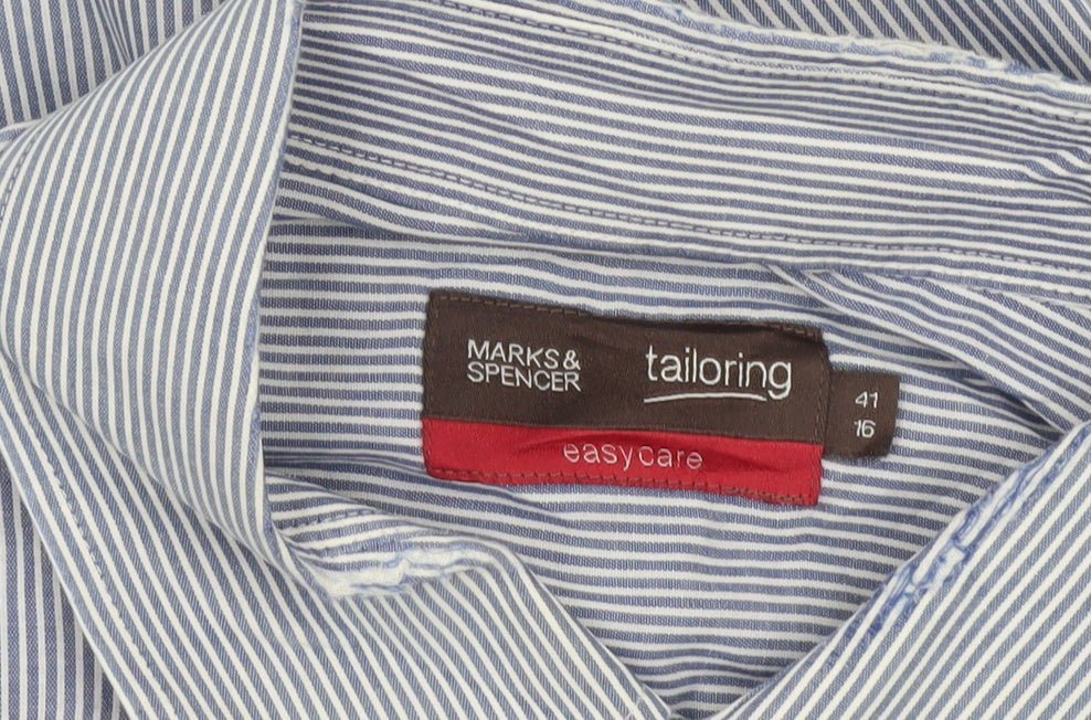 Marks and Spencer Mens Blue Striped Long Sleeve Classic Fit Shirt 16