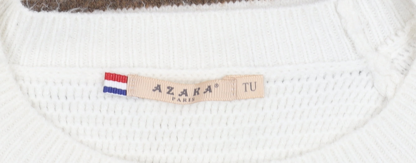 Azaka Paris Women White Striped Crew Neck Knit Button Jumper One Size