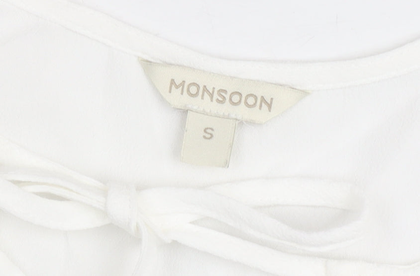 Monsoon Women’s White Short Sleeve Tie Neck Blouse Size S