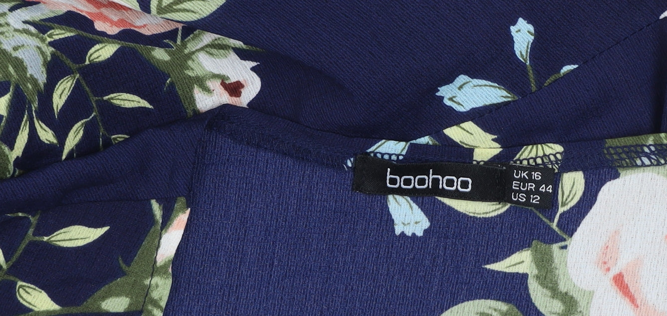 Boohoo Women’s Blue Floral Wrap Dress Size 16 3/4 Sleeve Ruffle Hem