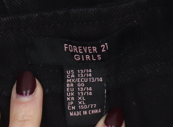 Forever 21 Girls Black Cotton Pinafore Dress 13-14 Years Adjustable 'Girl Power'