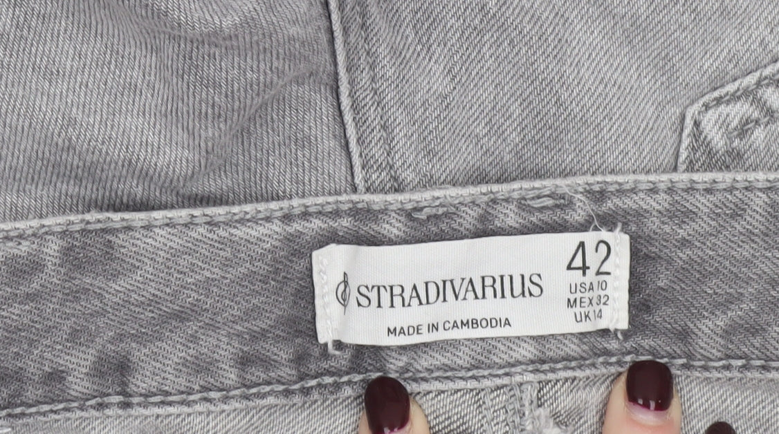 Stradivarius Women Grey UK 14 Cut-Off Denim Shorts Distressed Cotton