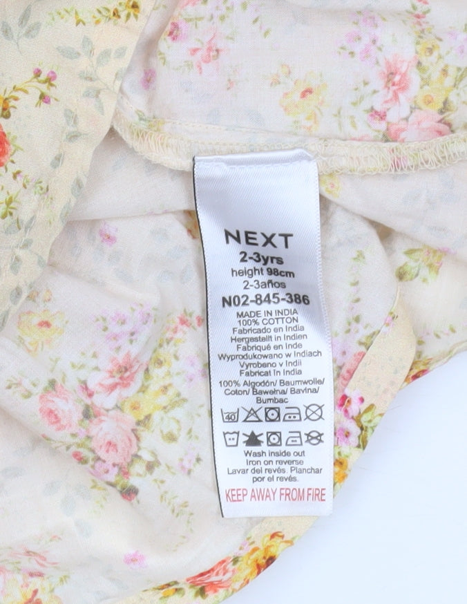 Next Girls Beige Floral Cotton A-Line Dress 2-3 Years Short Sleeve