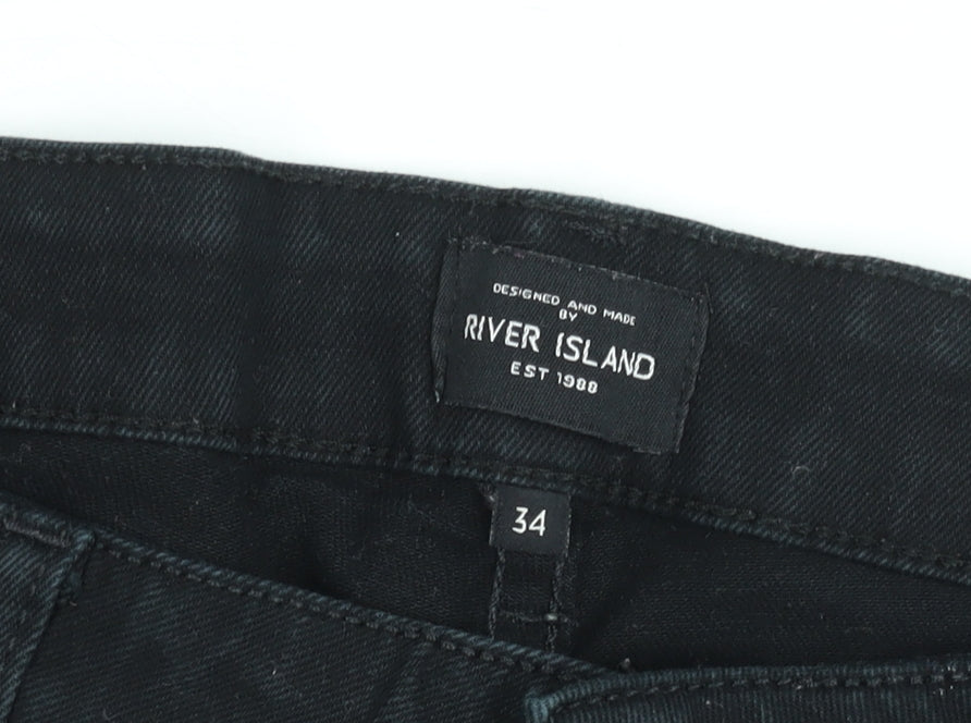 River Island Men's Black Distressed Denim Shorts Size 34 Relaxed Fit