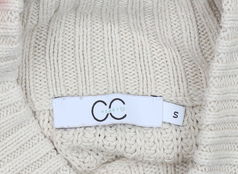 CC Heart Women’s Beige Roll Neck Striped Chunky Knit Jumper Size S