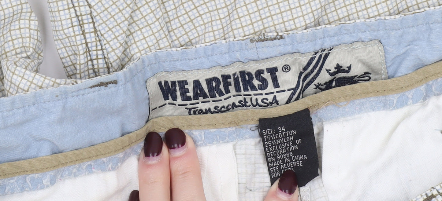 WearFirst Men's Beige Check Cargo Shorts Size 34 Cotton Blend