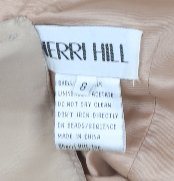 Sherri Hill Women’s Beige Long Sleeve Beaded Silk Mermaid Dress Size 8