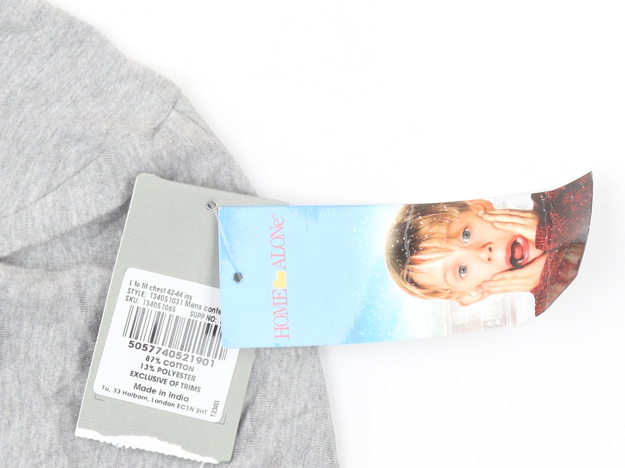 Home Alone Grey Graphic Print Men's T-Shirt Size L Cotton Blend
