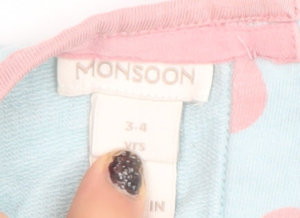 Monsoon Girls Blue Pink Polka Dot Animal Pocket A-Line Dress 3-4 Years