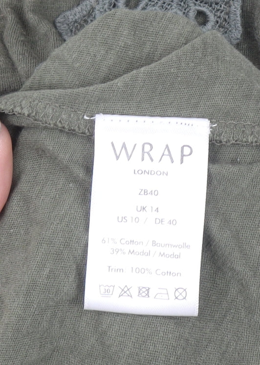 Wrap London Women's Green Cotton Modal Embroidered T-Shirt UK 14