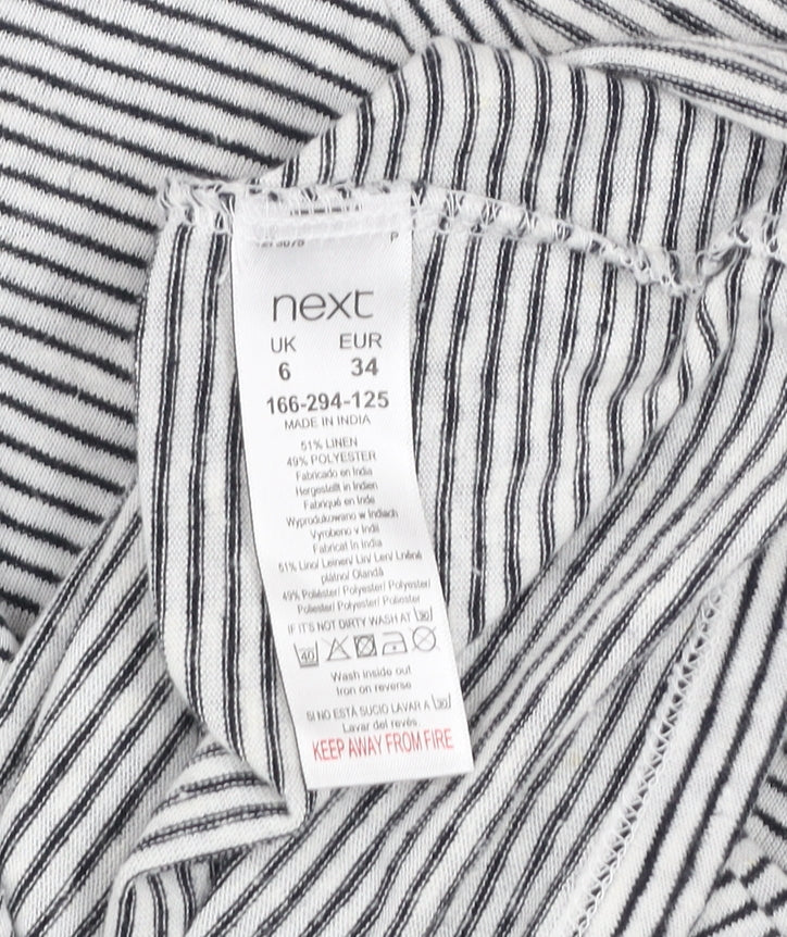 Next Women's Black Striped Linen Blend Long Sleeve V-Neck Top Size 6