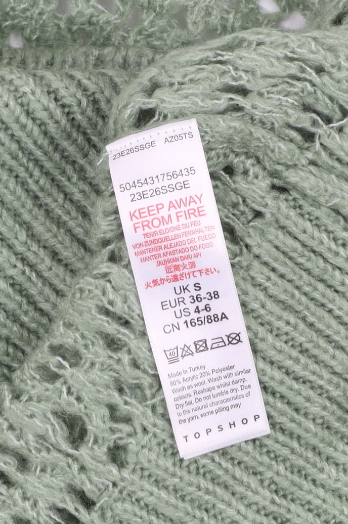 Topshop Women’s Green Open Knit V-Neck Puff Sleeve Jumper Size S