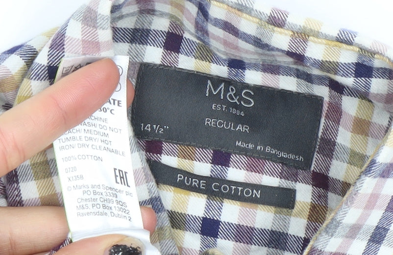 Marks and Spencer Men's Multicoloured Check Cotton Shirt 14.5in Regular Fit