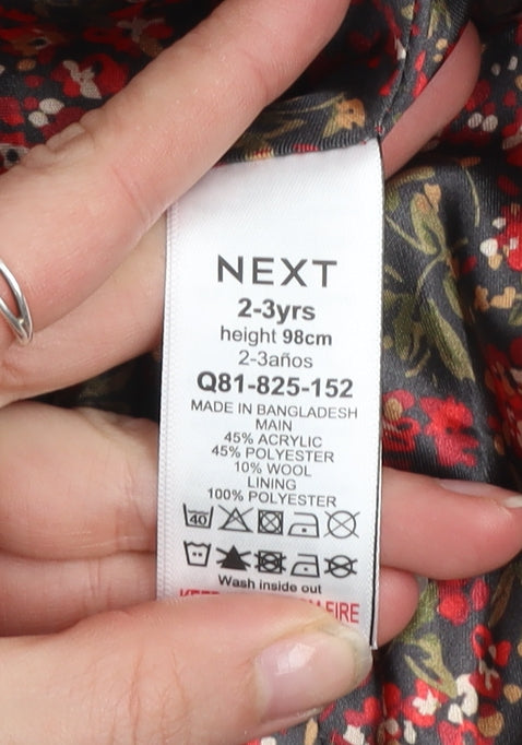 Next Girls Red Hooded Duffle Coat 2-3 Years Wool Blend Buttoned Warm