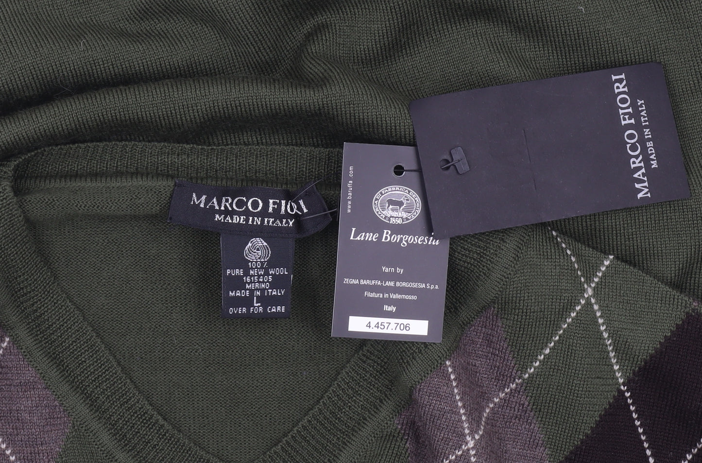 Marco Fiori Men's Green Argyle Merino Wool V-Neck Jumper Size L
