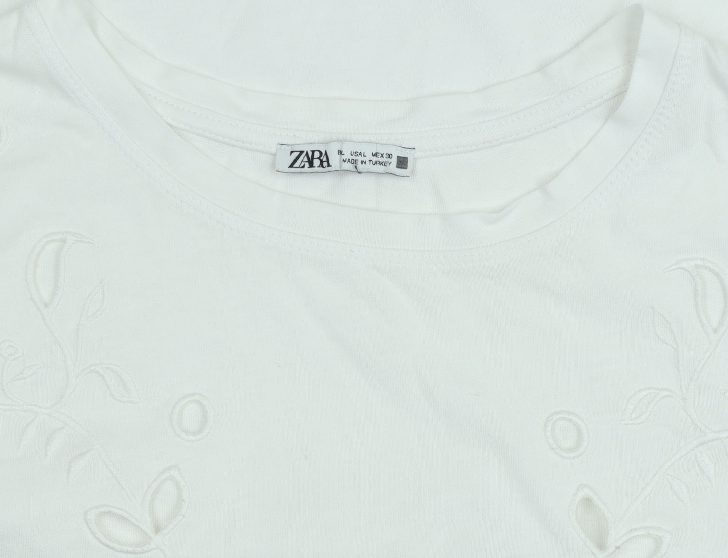 Zara Women White Embroidered Cotton Short Sleeve T-Shirt L