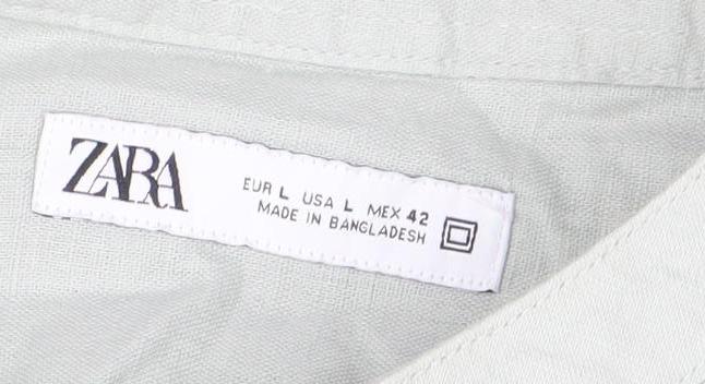 ZARA Men’s Green Band Collar Long Sleeve Cotton Shirt Size L