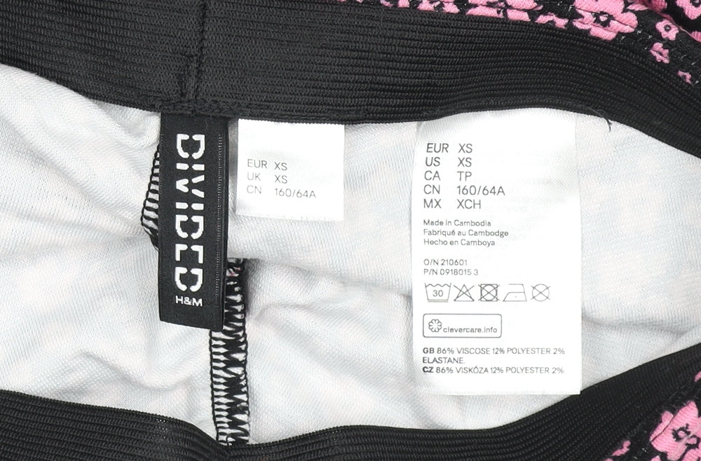 H&M Divided Women's XS Black Pink Floral Stretch Pencil Skirt