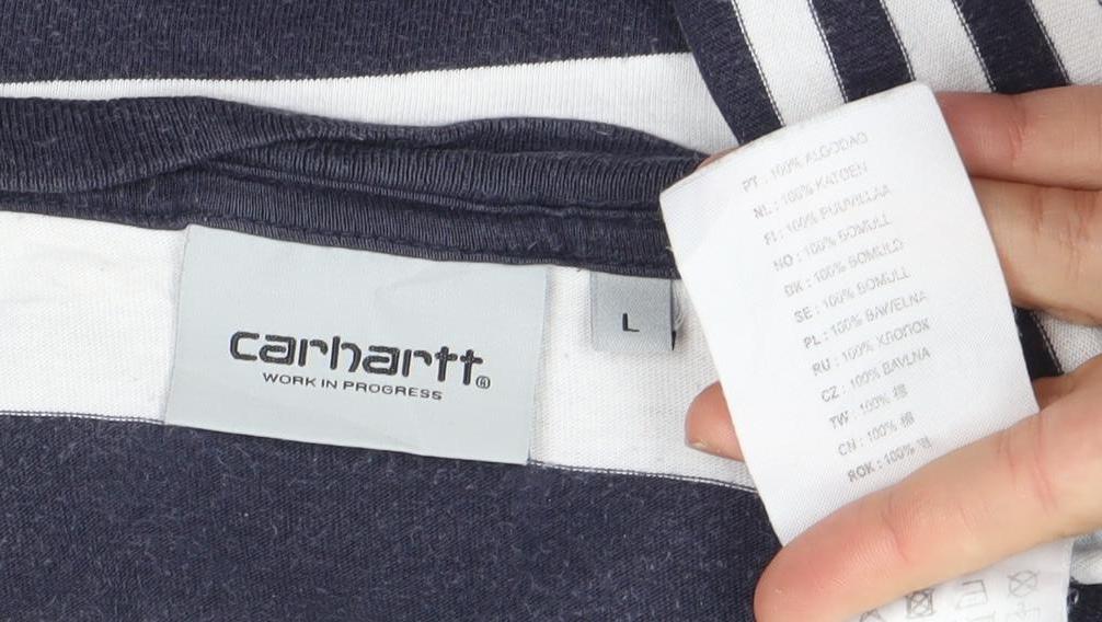 Carhartt Men's Blue Striped Crew Neck Cotton T-Shirt Size L